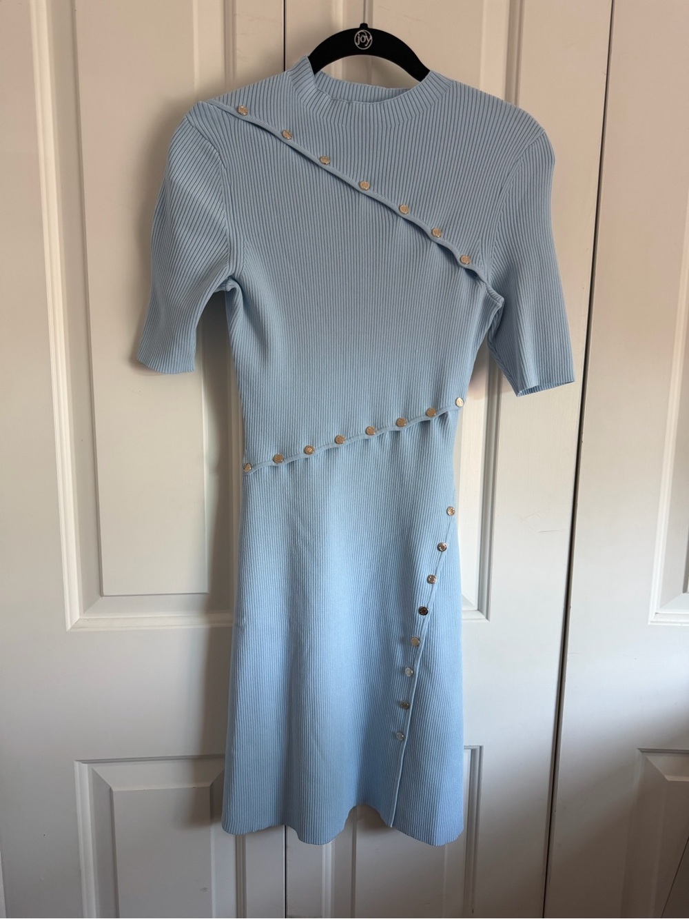 Maje Pale Blue Ribbed Midi Dress with Diagonal Button Trim